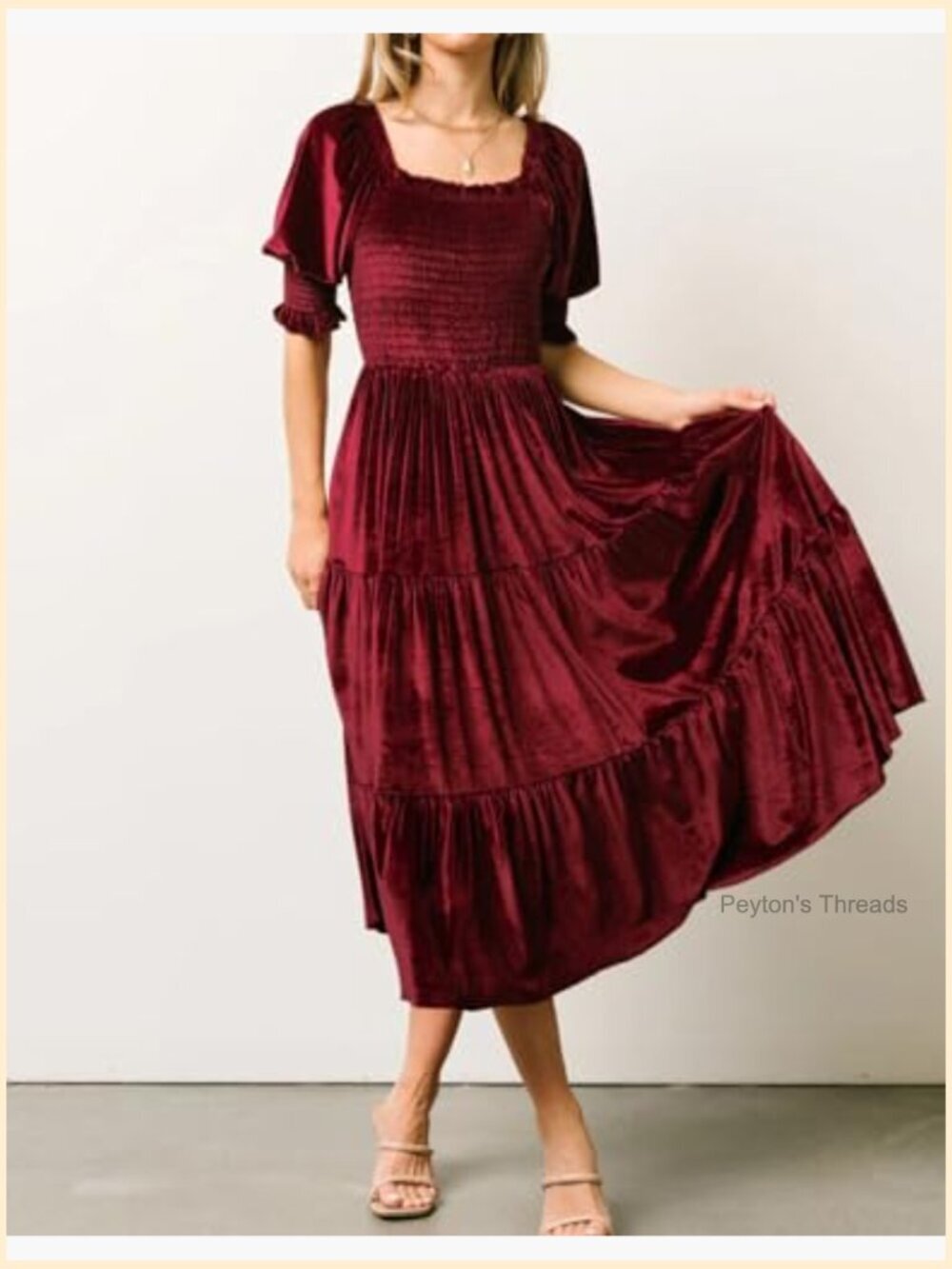 Women's Velvet Midi Dress Puff Sleeve Square Neck Smocked Tiered Ruffle A-Line - Picture 4 of 7